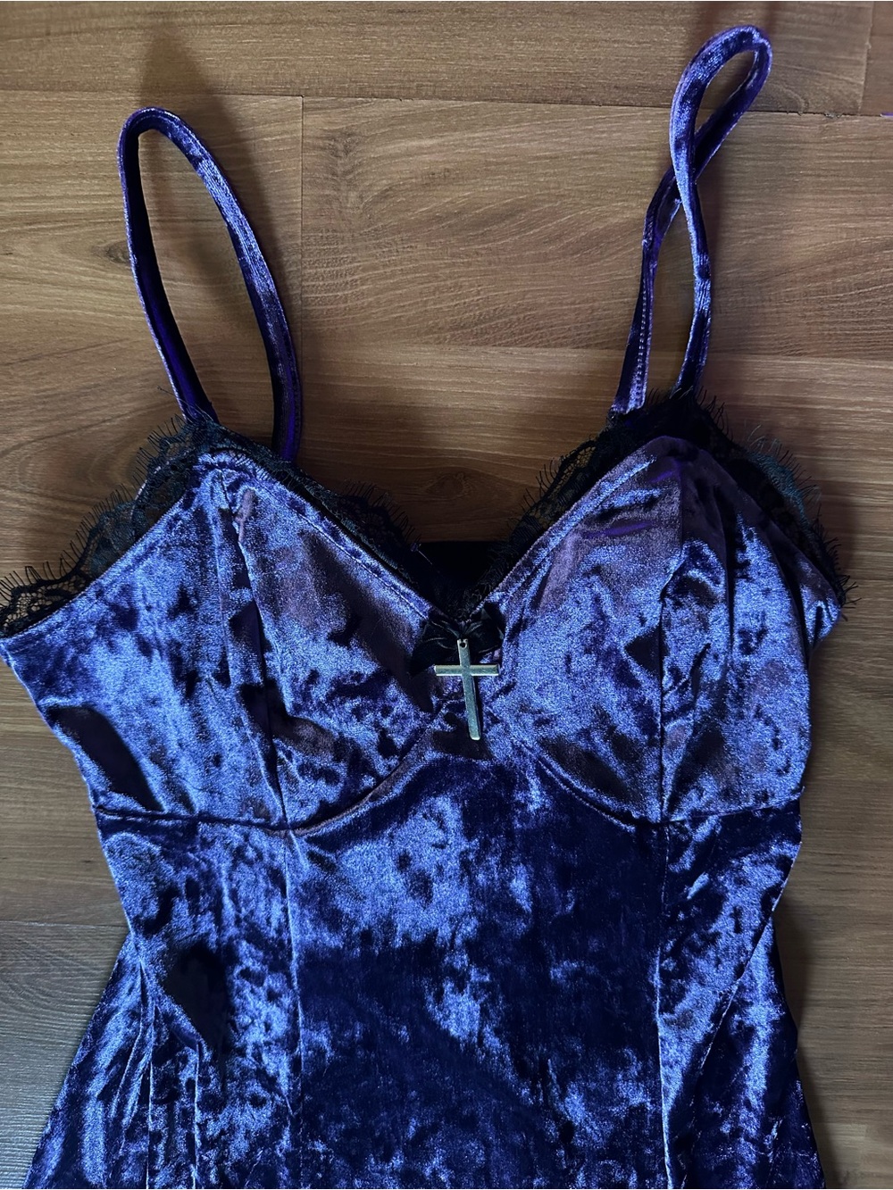 Cosmic Aura Purple Crushed Velvet Midi Slip Dress with Lace Trim Long Sleeved - Picture 4 of 10